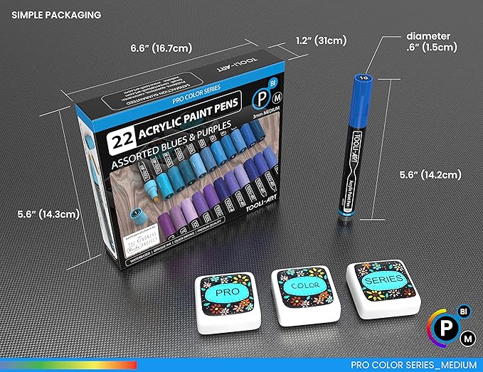 TOOLI-ART 22 Acrylic Paint Markers Paint Pens Pro Color Series Set 3mm Medium Tip for Rock Painting, Glass, Mugs, Wood, Metal, Glass Paint, Canvas, DIY. Non Toxic, Waterbased, Quick Drying (BLUES)