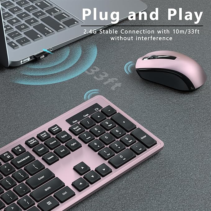 Wireless Keyboard and Mouse Combo, COVEVA 2.4GHz Wireless Keyboard Mouse with USB Receiver, Water-Dropping Keycaps, 104 Keys Full Size with Number Pad for PC Laptop Computer Desktop(Black Pink)
