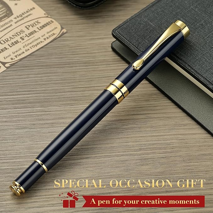 BEILUNER Ballpoint Pens, Stunning Blue Chrome Metal Pen with Golden Trim, Best Ball Pen Gift Set for Men & Women, Professional, Executive, Office,Fancy Pens-Gift Box with 0.5mm Black Extra Refill