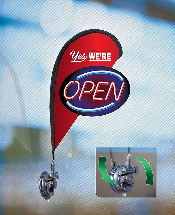 CarBowz Indoor/Outdoor Double Sided Window Flag for Business Sign, Drive Thru, Delivery, Pick Up, Essential Business and We Are Open, Small 3D Flag Kit (Open)