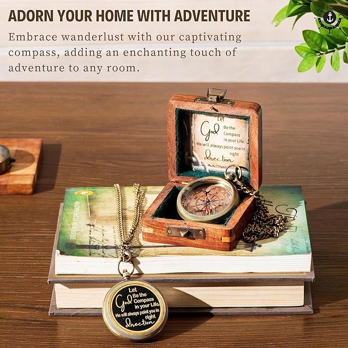 Brass Compass with Wooden Box - Graduation Gifts, Pirate Accessories & Baptism Gift For Boys, Steampunk Travel Decor Compasses For Missionary, Inspirational and Sentimental Compass