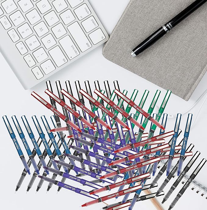 Precise V5 Stick Rolling Ball Pens, Extra Fine Point (.5mm), Assorted Colors Black/Blue Ink, 4-pk; Bundle with Plastic Reusable Pouch