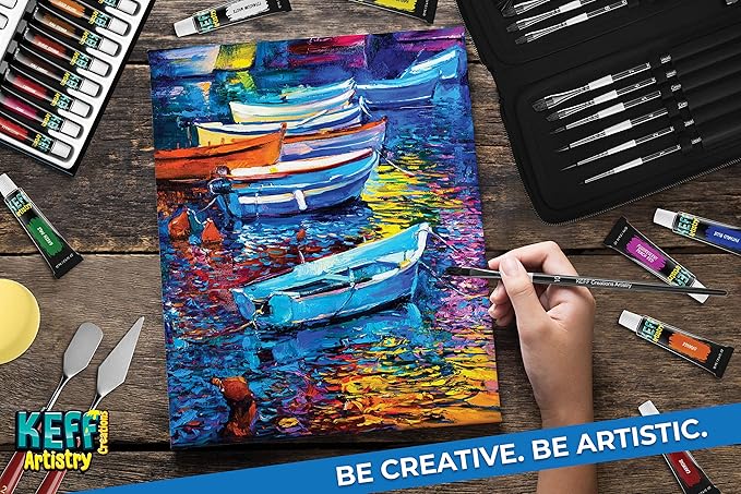 KEFF Creations Acrylic Paint Brush Set, 15 Premium Artist Brushes Kit, 24 Acrylic Paint Set, Paintbrush kit for Canvas, Wood, Fabric, Great Paint Supplies Set for Adults and Kids