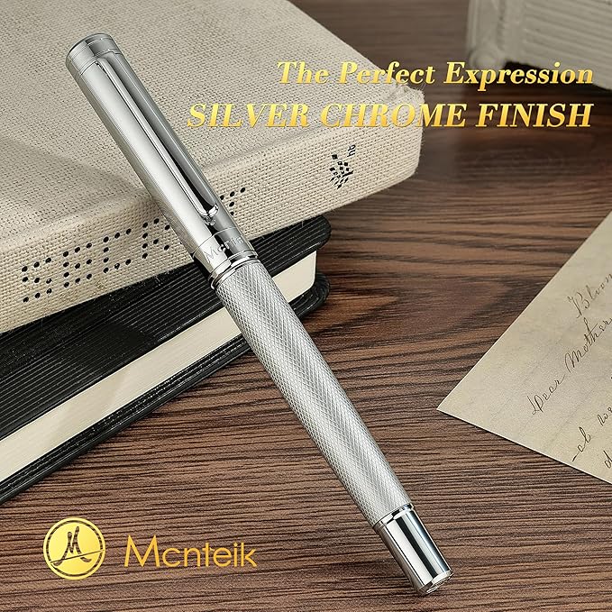Silver Rollerball Pen, Stunning Luxury Pen with Mesh Texture Design, Bright Silver Chrome Finish, Schmidt refill, Nice Gift Set for Men & Women, Executive, Office, Graduation, Fancy Pens