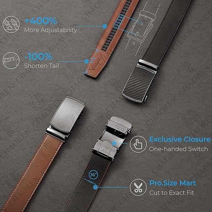 CHAOREN Mens Belt - Mens Ratchet Belt Leather 1 3/8" for Dress Pant - Micro Adjustable Belt Fit Everywhere