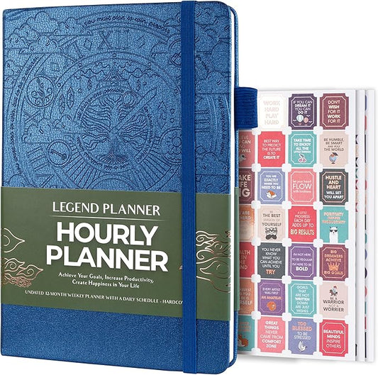 Legend Planner Hourly Schedule Edition – Deluxe Weekly & Daily Organizer with Time Slots. Time Management Appointment Book Journal for Work & Personal Life, Undated, A5 Hardcover – Blue Debossed