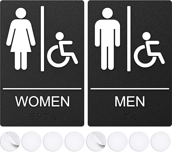 Unisex Bathroom Signs, Restroom Sign for Business - 9" by 6" - ADA Compliant with Braille & Handicap Symbol - Strong Double-Sided Adhesives - Perfect for Offices & Public Buildings