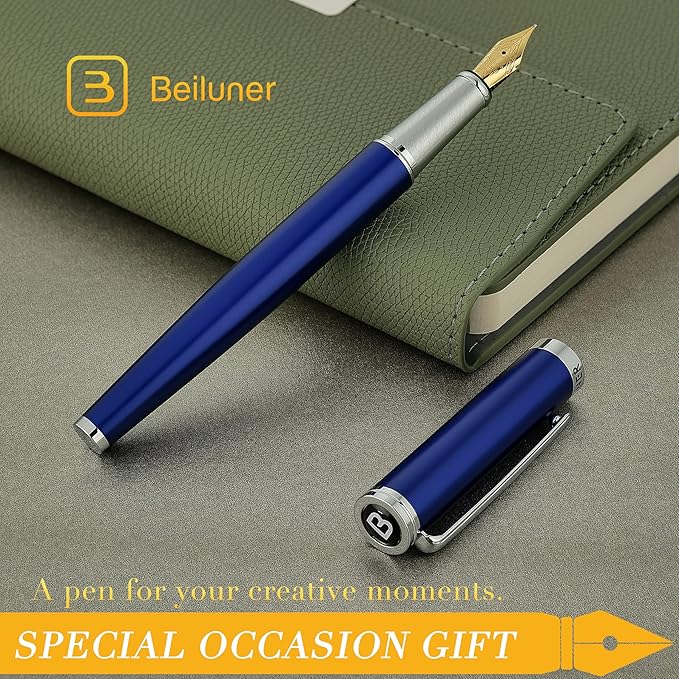 BEILUNER Luxury Fountain Pen Set,Solid 24K Gilded Fine Nib, Modern Classic Limited Edition -Includes 6 Ink Cartridges&Ink Refill Converter with Gift Case-Perfect for Men and Women（Charming blue）
