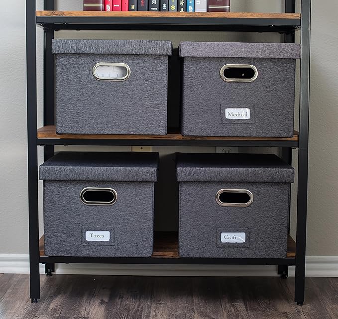 Internet's Best Collapsible File Storage Organizer with Lid - Decorative Linen Filing & Storage Office Box – Hanging Letter/Legal Folder – Home Office Bins Cabinet – Charcoal Container - 6 Pack
