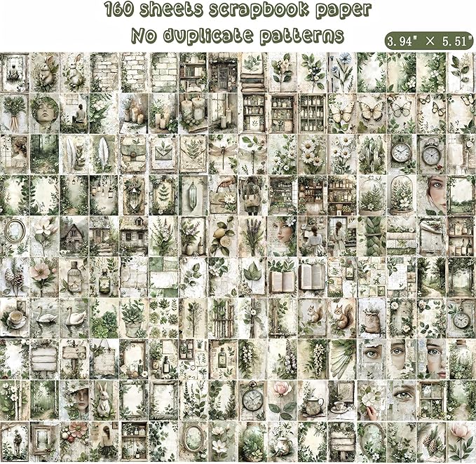 160 Sheets Vintage Flower Scrapbook Paper Green Collage Flowers No Repeating Patterns Perfect for Junk Journal DIY Cards Craft Albums Scrapbooking Supplies (Green, 3.9 x 5.5 inches)