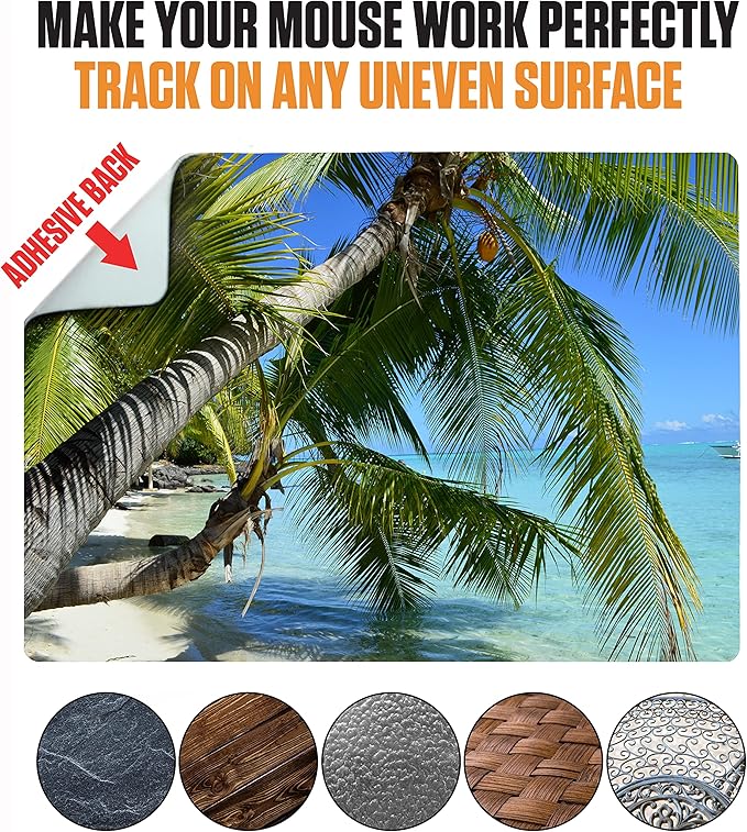 Adhesive Mouse Pad - Peel and Sticks to Any Surface - Travel Mouse Pad, Sticky for Any Surface - Excellent Tracking - Beach Palms in The Sand