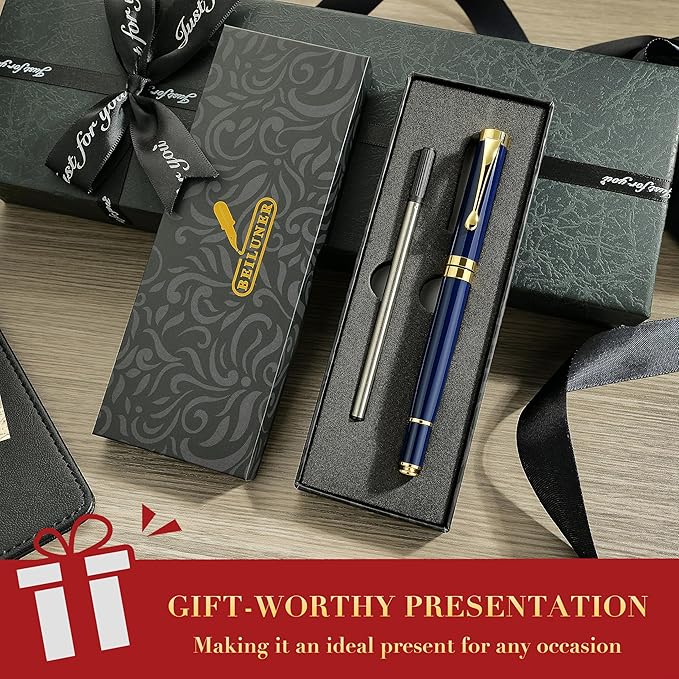 BEILUNER Ballpoint Pens, Stunning Blue Chrome Metal Pen with Golden Trim, Best Ball Pen Gift Set for Men & Women, Professional, Executive, Office,Fancy Pens-Gift Box with 0.5mm Black Extra Refill