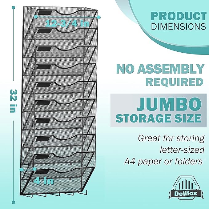 10-Tier Wall Mounted Hanging File Organizer Metal Mesh Wall Organizer Wall File Holder Magazine Rack for Office Classroom Organization