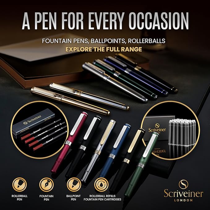 Scriveiner Dark Grey Rollerball Pen - Stunning Luxury Pen With Chrome Finish, Schmidt Ink Refill, Best Roller Ball Gift Set for Men & Women, Professional, Executive Office, Nice Pens