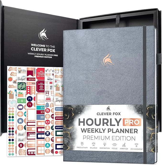 Clever Fox Hourly Planner PRO Premium – Undated Schedule Planner with Daily Time Slots – Personal Organizer Notebook for Time Management – Weekly & Monthly Life Journal, A4 size (Silver Black)